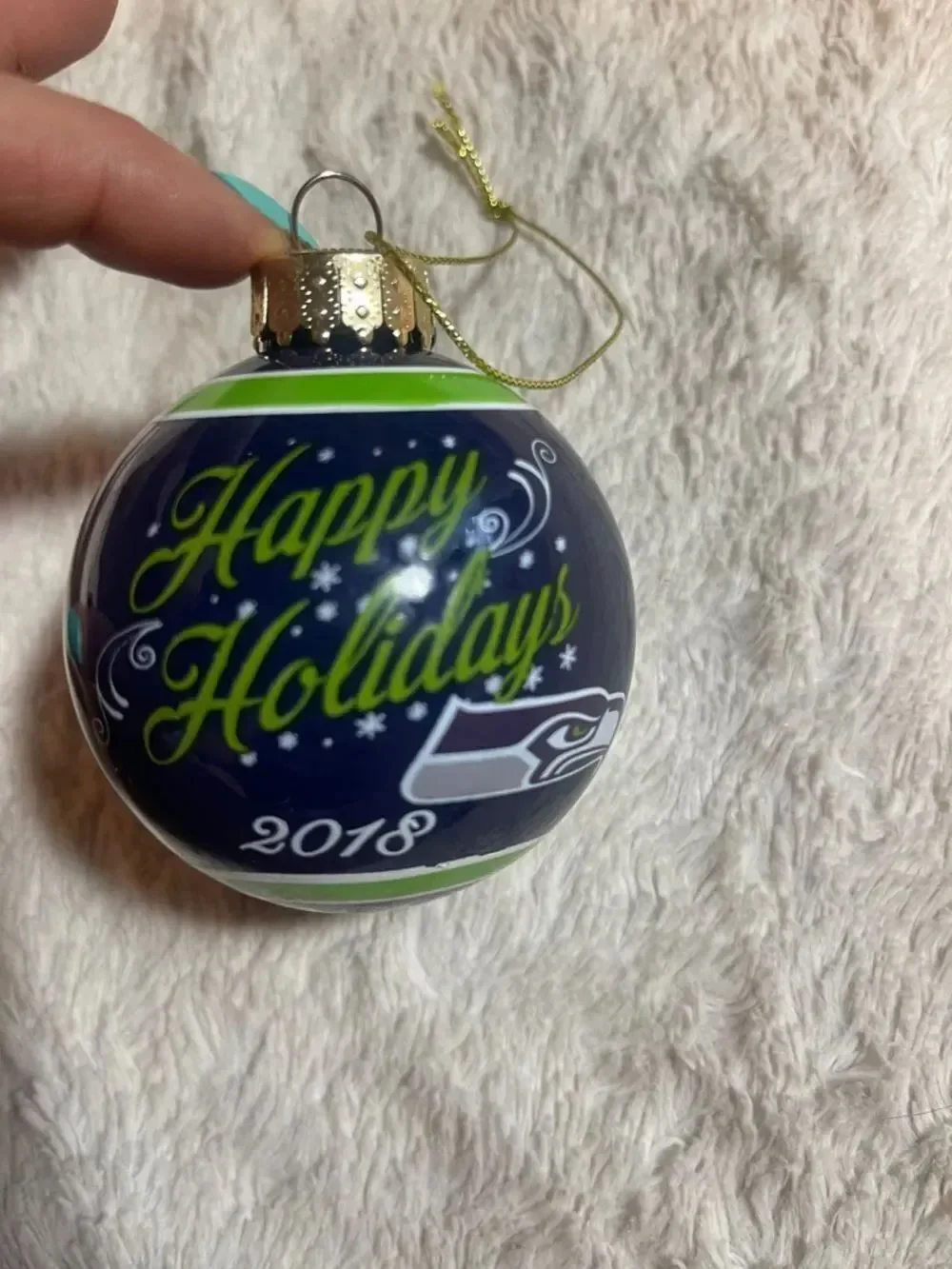 Seattle Seahawks Navy & Lime 'Happy Holidays' 2018 Ornament